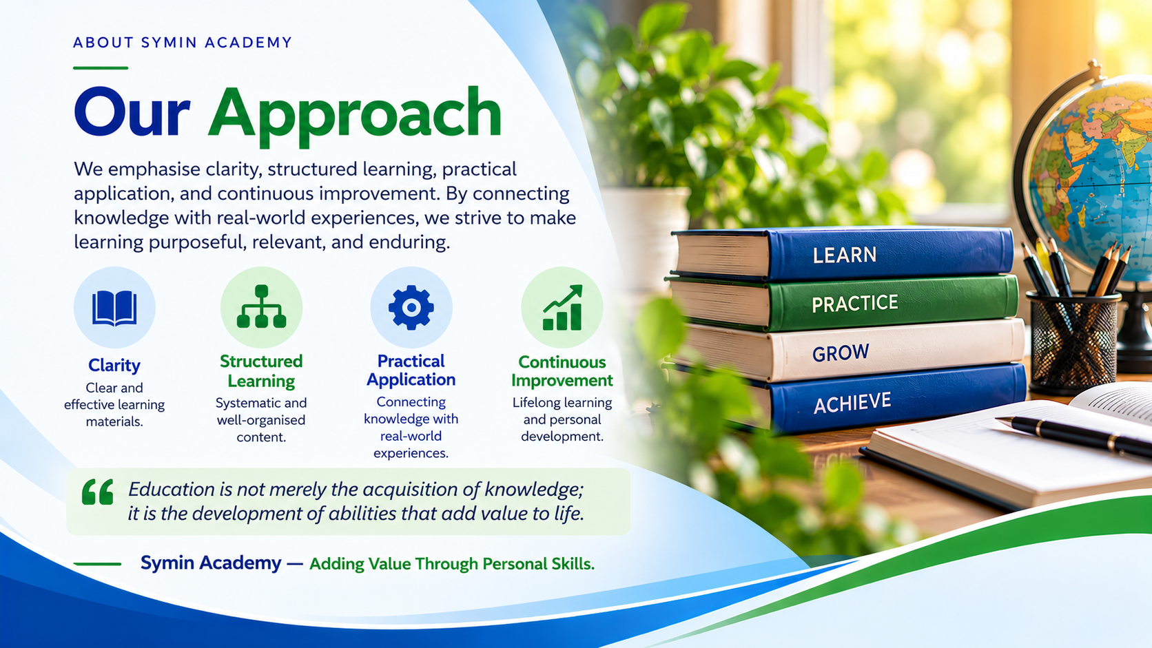 Our approach: clarity, structured learning, practical application, continuous improvement, and education that develops abilities that add value to life.